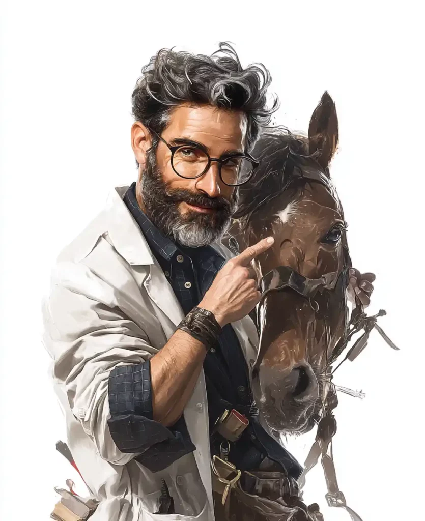 Professeur Debunk examinant un cheval, illustrant l'analyse scientifique du PPID équin et le potentiel de la phycocyanine TMIC.
