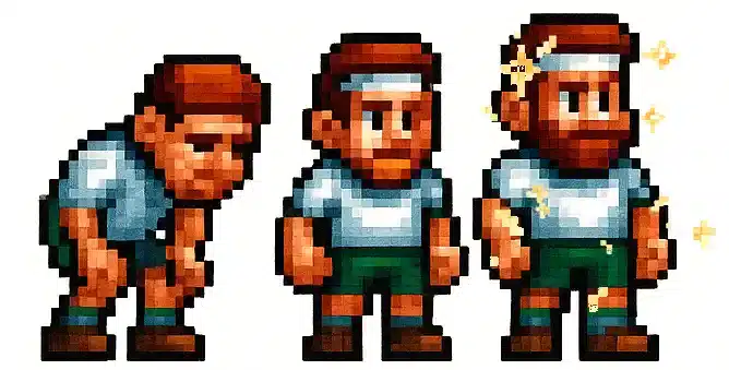 Évolution d'un sportif en pixel art : de la fatigue à l'énergie, grâce aux compléments alimentaires naturels pour le sport.