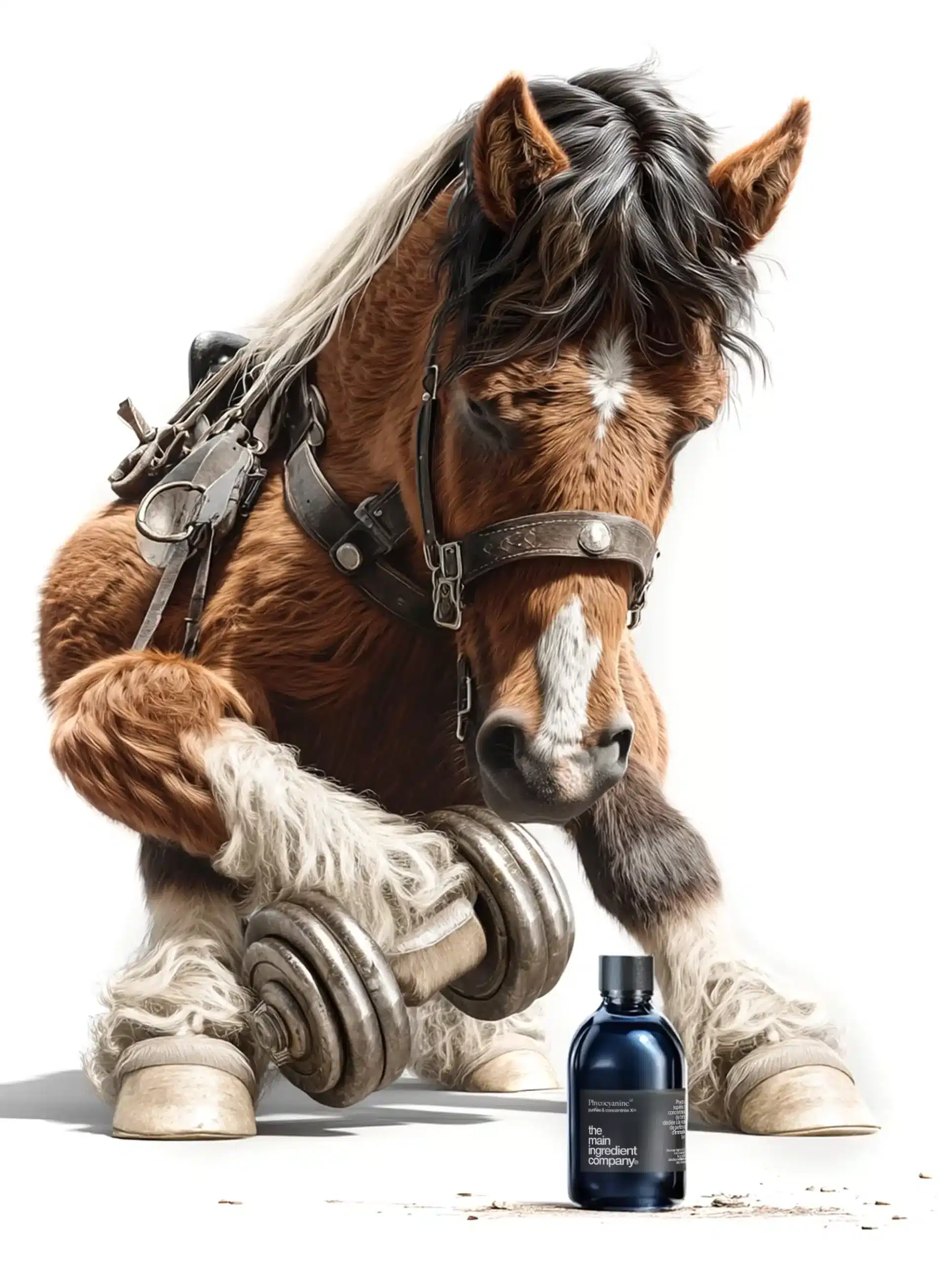 Cheval puissant soulevant un haltère près d'un flacon de Phycocyanine Omega TMIC, symbolisant la vitalité et le soutien musculaire potentiel pour les chevaux, y compris ceux atteints de PPID.
