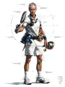 Athlète polyvalent pour sports de raquette (tennis, padel) avec équipement, symbolisant la performance et l'agilité soutenues par les compléments alimentaires naturels The Main Ingredient Company.