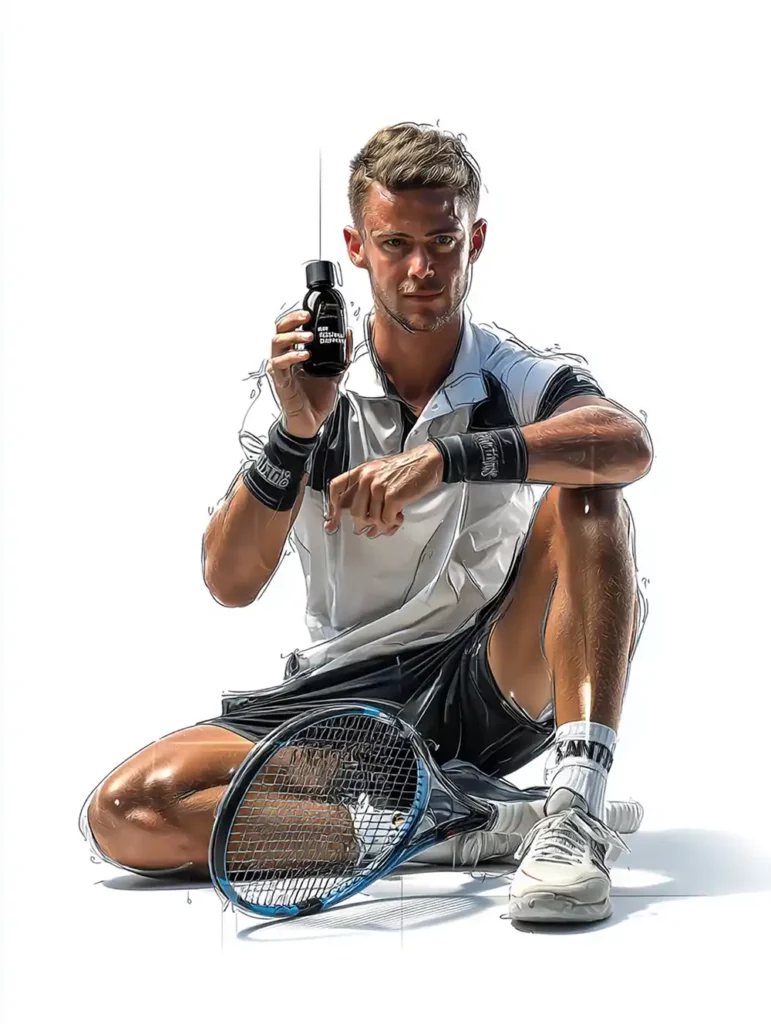 Enzo Couacaud, joueur de tennis professionnel partenaire TMIC, présentant le Safran Omega pour le focus mental et la gestion du stress sportif.