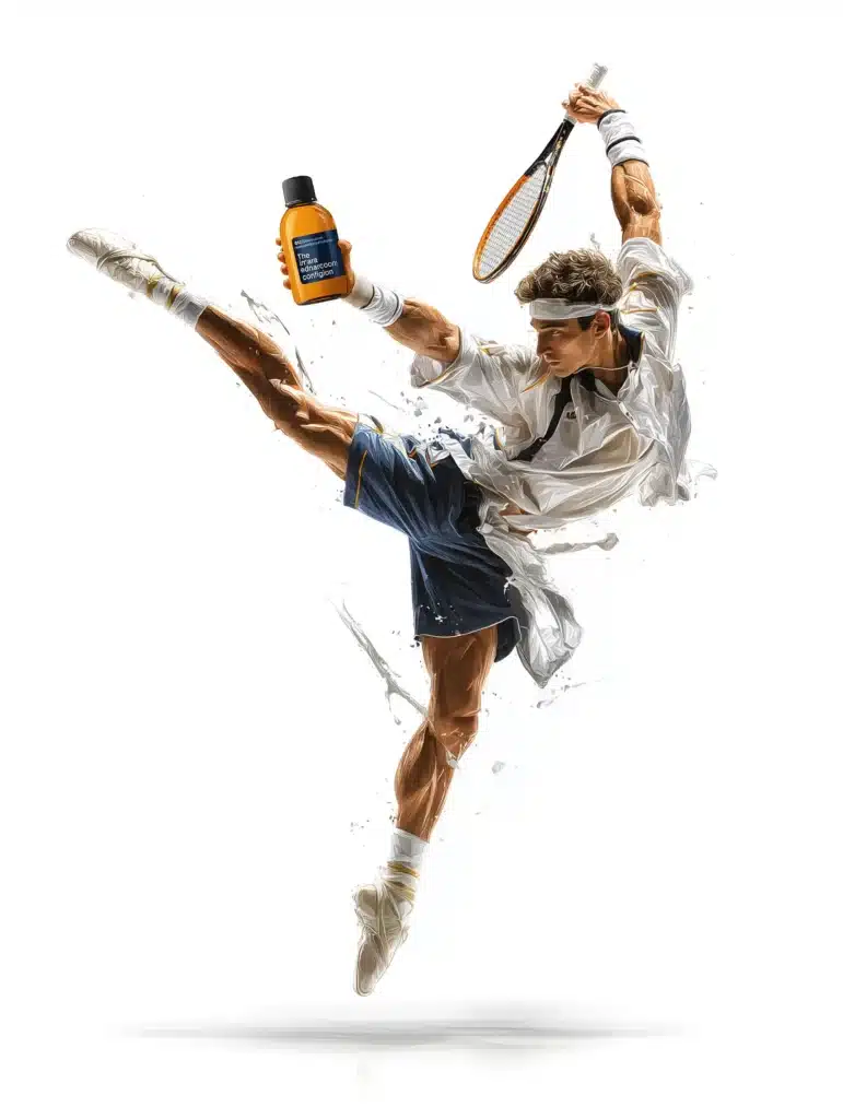 Joueur de tennis dynamique en plein saut, tenant une raquette et un flacon de complément alimentaire naturel The Main Ingredient Company, illustrant l'agilité et la performance sportive.