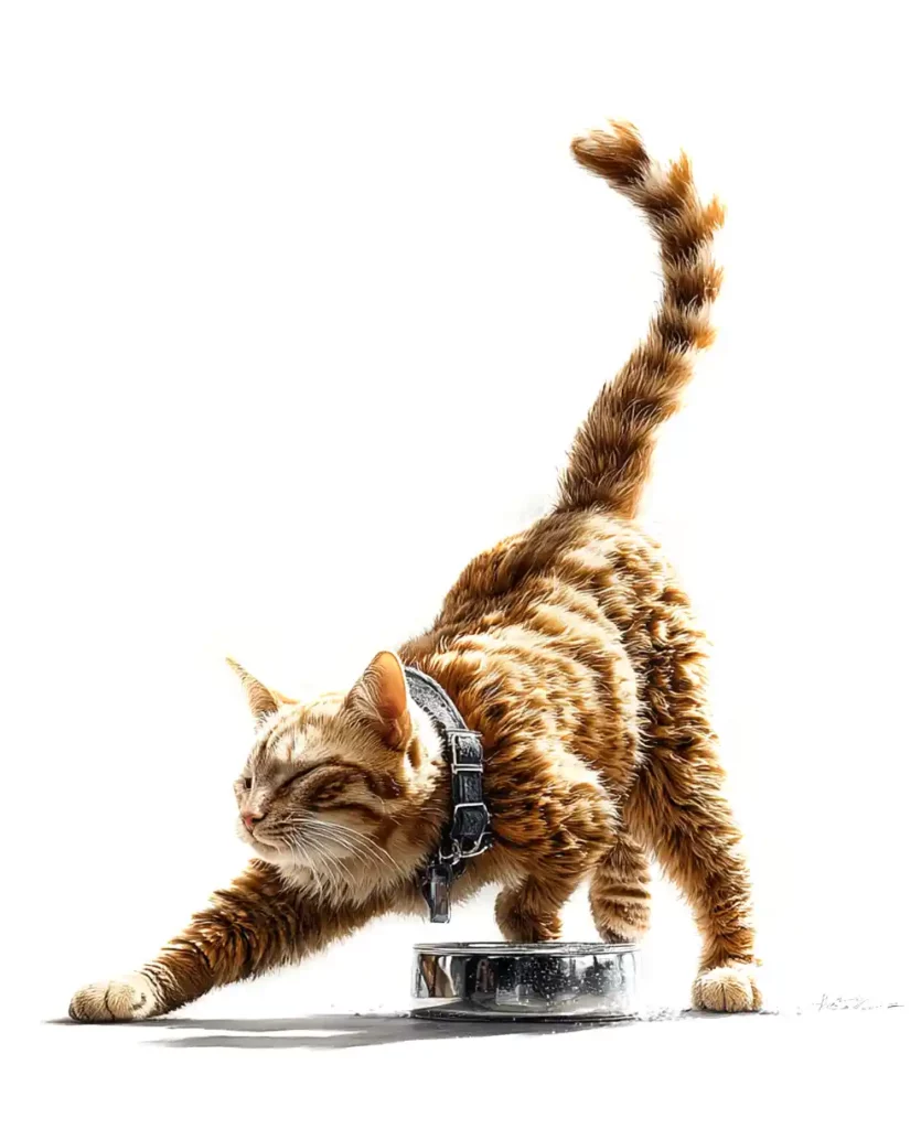 Merlin Wonders, chat roux TMIC, s'étirant avec une légère raideur près de sa gamelle, illustrant le besoin de confort articulaire félin.