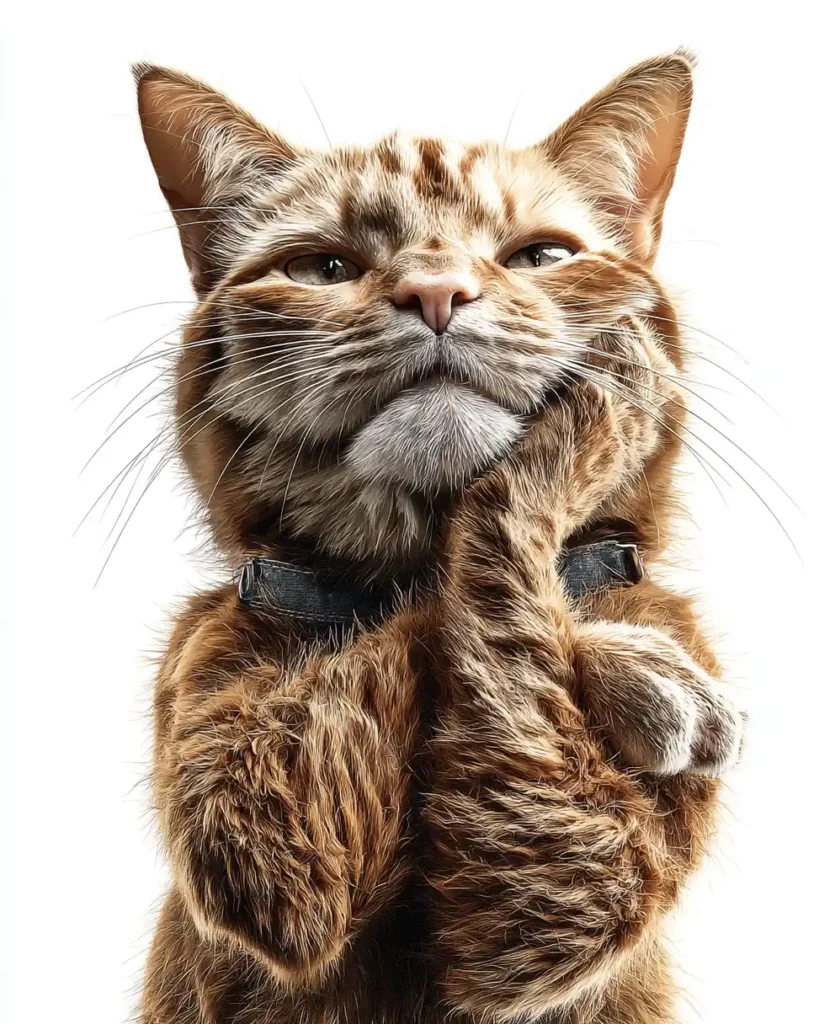 Merlin Wonders, chat roux TMIC, en pleine réflexion, symbolisant l'impact du vieillissement et le besoin de soutien antioxydant. Titre de l'image (Nom du fichier) :