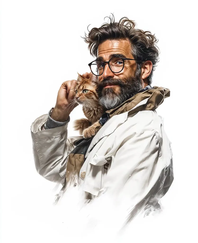 Professeur Debunk avec Merlin Wonders, symbolisant l'approche scientifique et holistique de The Main Ingredient Company pour le bien-être félin.