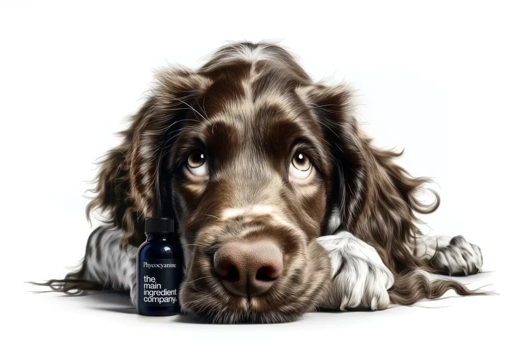 Cocker Anglais calme et pensif, couché à côté d'un flacon de complément Phycocyanine TMIC, illustrant le soutien naturel pour l'anxiété et le stress canin.
