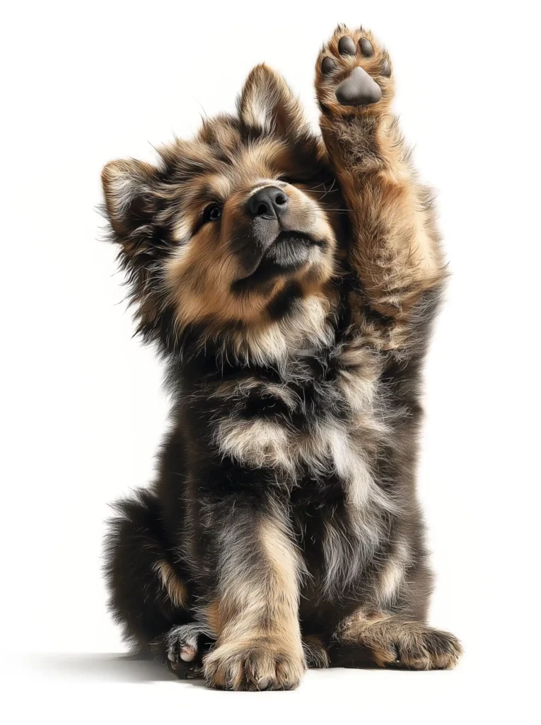 Jeune chien joueur levant une patte, illustrant la mobilité et la souplesse articulaire soutenues par les compléments naturels de The Main Ingredient Company.
