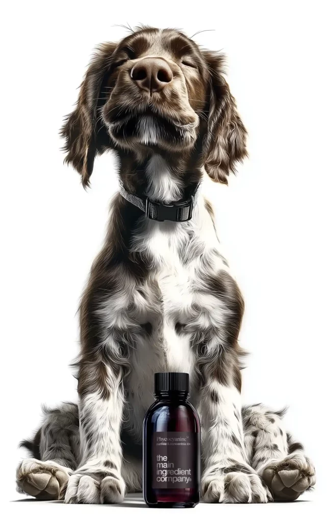  Chien Springer anglais avec une expression de bien-être, assis à côté d'un complément alimentaire Curcumine Omega TMIC pour le confort digestif et l'équilibre intestinal.