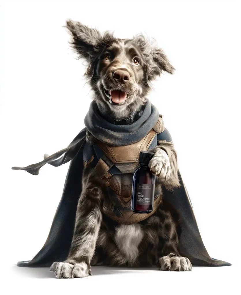 Chien dynamique en costume de super-héros tenant un flacon de complément TMIC, symbolisant l'énergie, la vitalité et la performance soutenues par des actifs naturels.