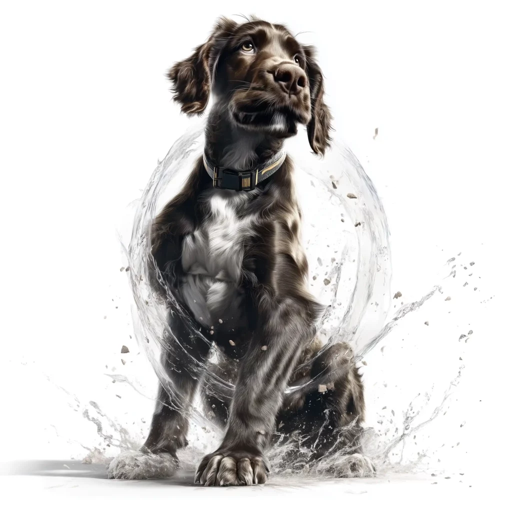 Chien fier et en bonne santé protégé par un bouclier d'énergie, symbolisant le soutien du système immunitaire avec les compléments naturels de The Main Ingredient Company. 