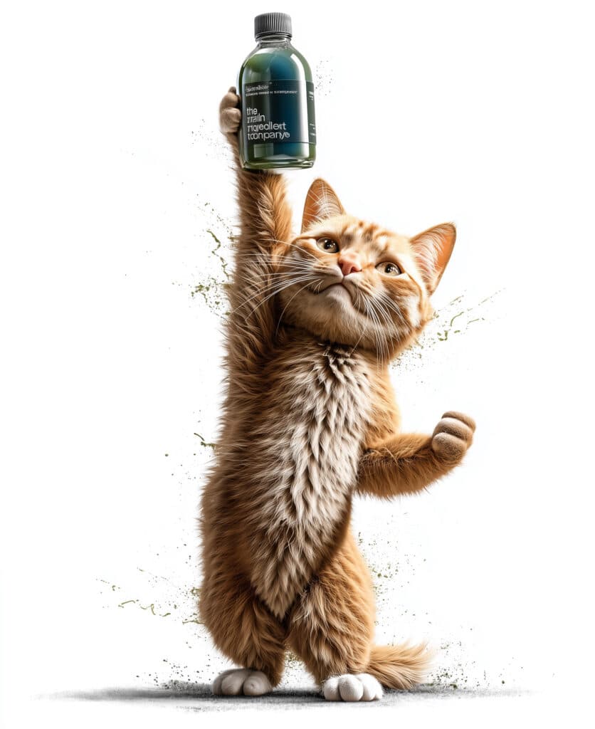 Merlin Wonders, chat TMIC, brandissant fièrement la Spiruline ω, superaliment naturel pour la nutrition, la vitalité et l'immunité féline