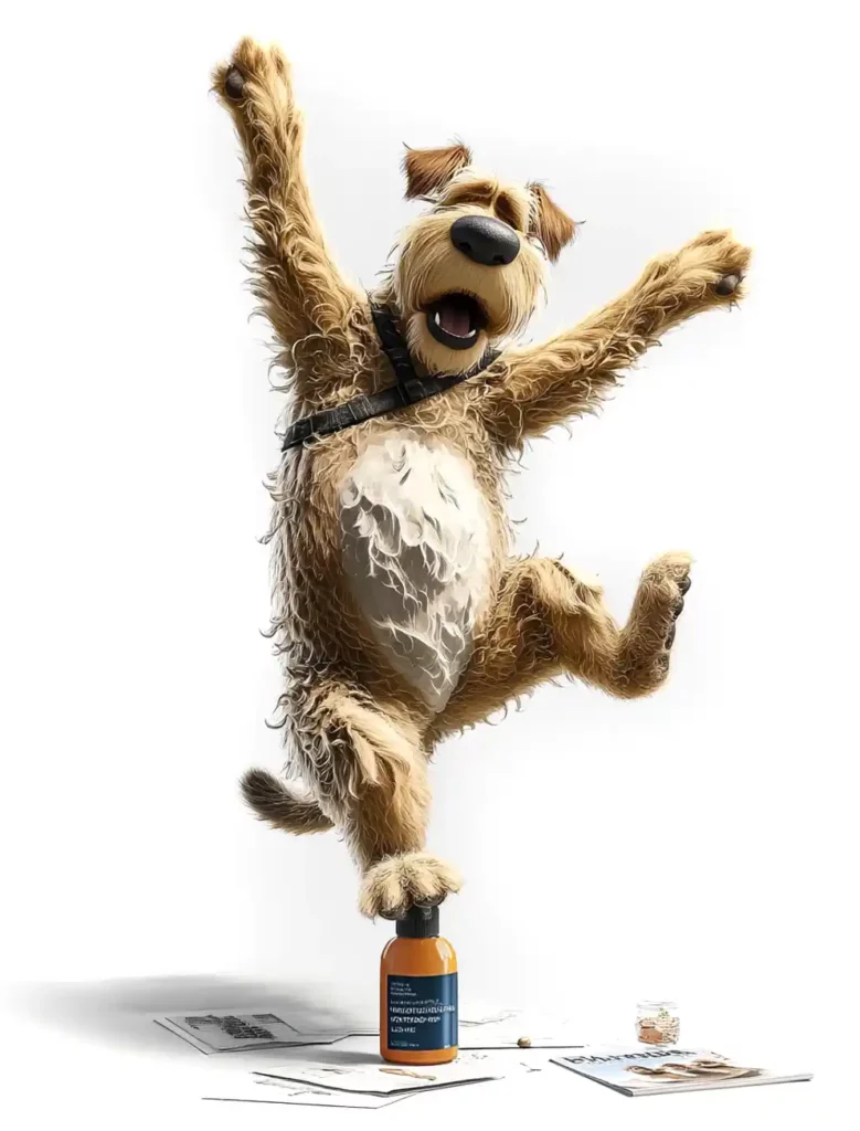 Chien de style muppet beige, joyeux et dynamique, en équilibre sur une patte sur un flacon de complément TMIC orange, symbolisant le retour à la mobilité et le soulagement de l'arthrose canine grâce à un soutien naturel.