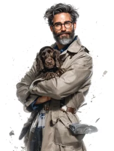 Professeur Debunk, expert scientifique TMIC, tenant affectueusement un chiot Cocker Spaniel chocolat, un flacon de complément liquide visible à sa ceinture, symbolisant l'approche rigoureuse et attentionnée pour la santé canine.