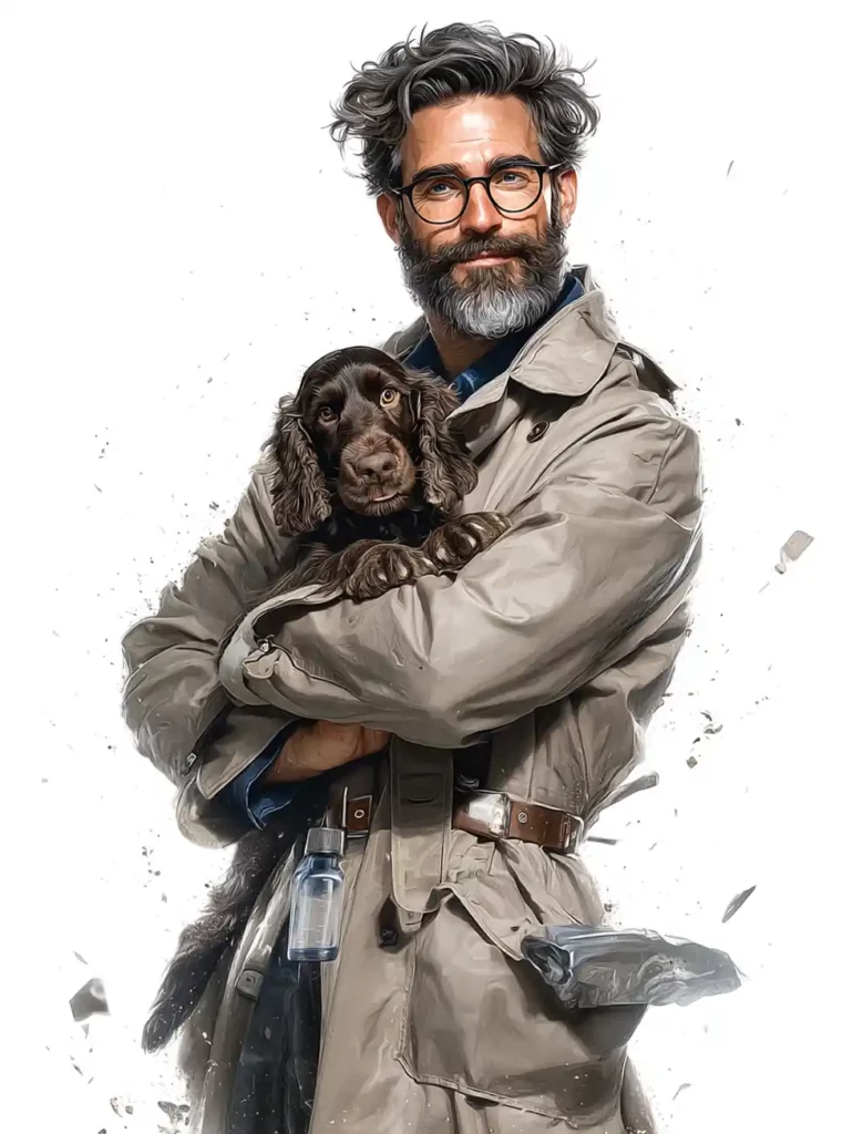 Professeur Debunk, expert scientifique TMIC, tenant affectueusement un chiot Cocker Spaniel chocolat, un flacon de complément liquide visible à sa ceinture, symbolisant l'approche rigoureuse et attentionnée pour la santé canine.