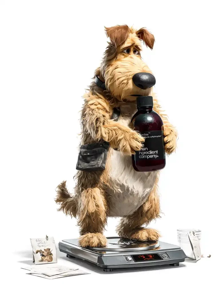 Chien de style muppet, l'air un peu triste, se pes l'image, le sujet (chien, surpoids, balance), le produit TMIC et le lien avec le thème de la gestionant sur une balance et tenant un flacon "the main ingredient company", illustrant la gestion du surpoids can du poids et des solutions naturelles.
