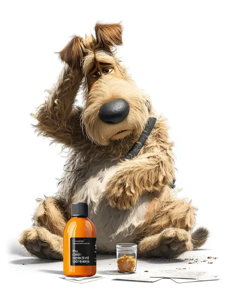 Chien de style muppet, l'air perplexe et se grattant la tête, assis à côté d'un flacon de complément TMIC orange, évoquant les troubles digestifs ou cutanés canins.