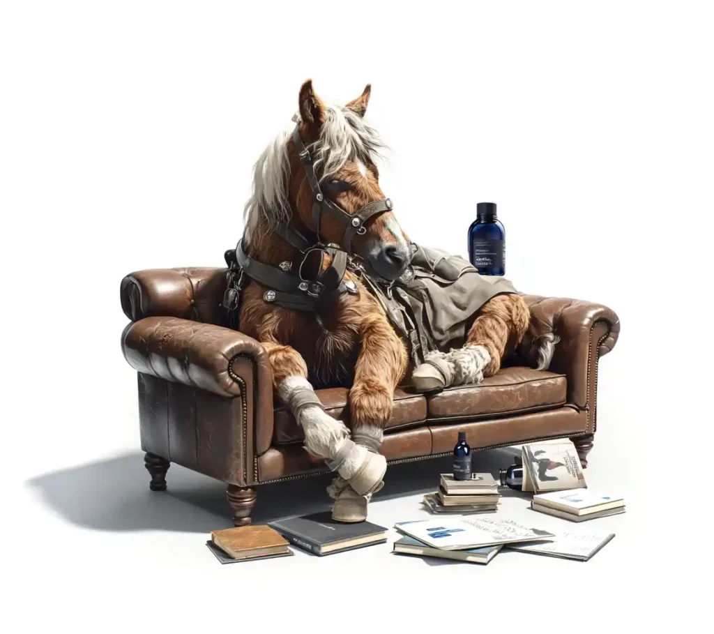 Un cheval sur un divan de psychologue, recevant l'aide d'un complément pour le stress afin de retrouver son équilibre émotionnel et gérer son anxiété.