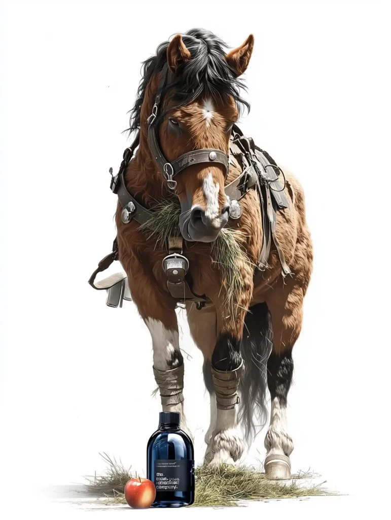 Un cheval en bonne santé près de sa ration de foin, illustrant un confort digestif optimal soutenu par un complément pour la digestion.