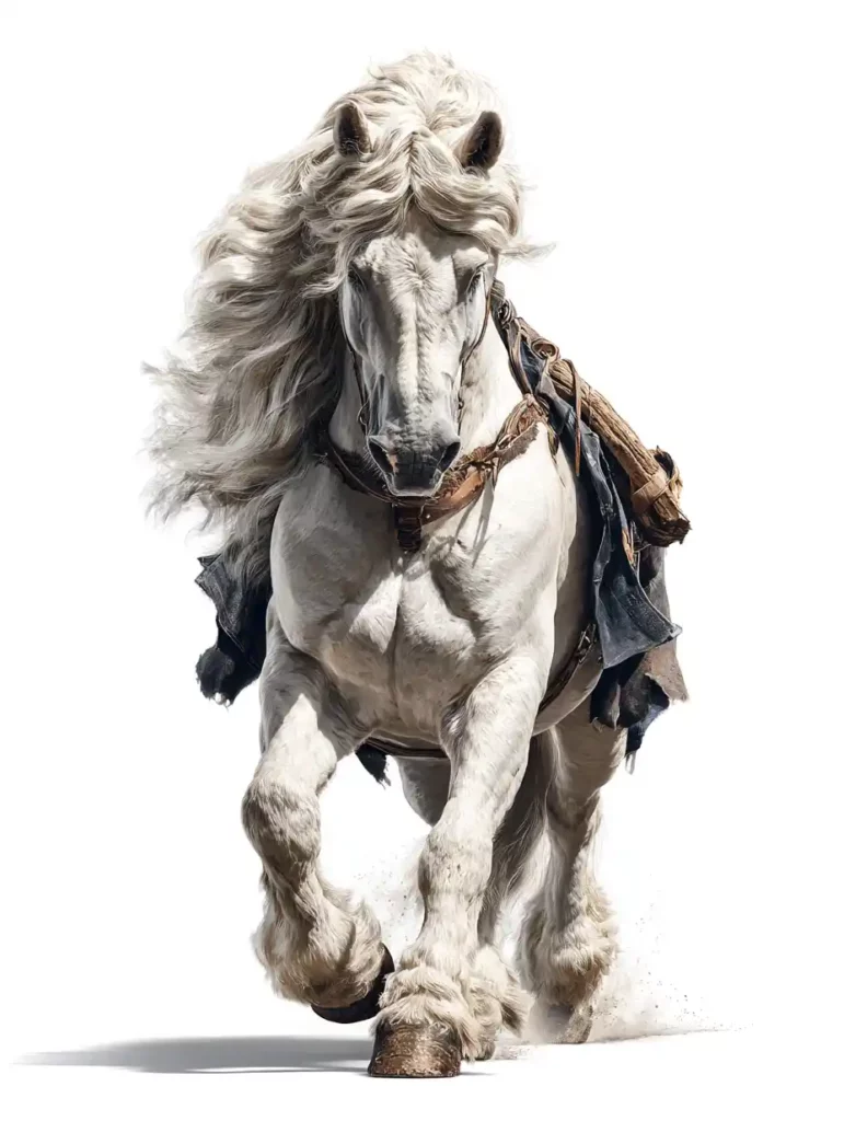 Un cheval senior blanc, digne et en pleine forme, bénéficiant d'un complément pour la vitalité et le bien-être des chevaux âgés.