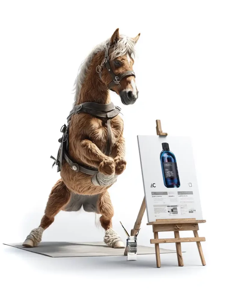 Un cheval artiste utilise un complément pour articulation afin de peindre avec souplesse, illustrant le soutien à la mobilité et au confort articulaire. 