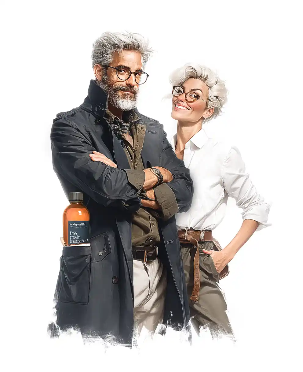 Couple de personnages iconiques illustrant l’expertise et l’équilibre féminin, avec un flacon de Collagène HA de The Main Ingredient Company visible en poche