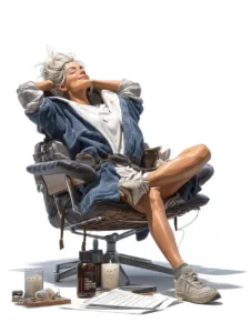 Femme détendue sur un fauteuil, yeux fermés, entourée de produits naturels et de carnets
