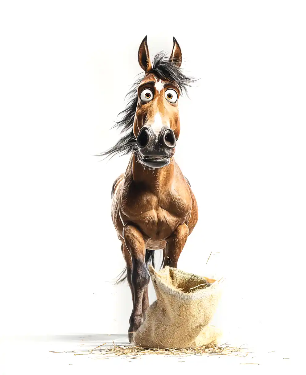 Selon l'analyse de Catherine Vasseur pour the main, un cheval atteint de SME regarde son seau vide, symbolisant la détresse et les dangers de la restriction de fourrage.