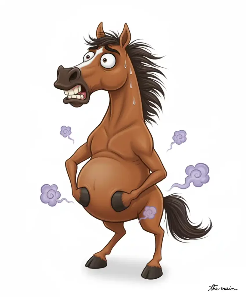 Cheval montrant des signes de douleur digestive, conséquence directe des ulcères gastriques causés par la restriction de fourrage, un danger souligné par Catherine Vasseur.