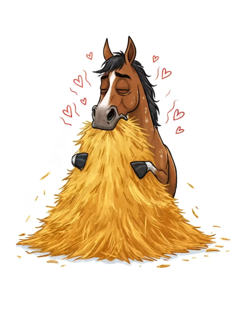 Cheval SME apaisé et heureux recevant son fourrage de façon généreuse mais maîtrisée grâce à un filet à foin, illustrant la recommandation de Catherine Vasseur pour son bien-être.