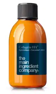 Flacon du complément liquide Collagène HA ω avec acide hyaluronique et curcumine, par the main ingredient company, pour le soutien de la peau et des articulations.