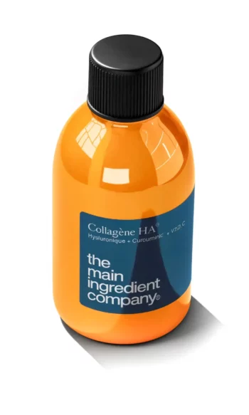 Collagène à boire Collagène HA Oméga : peptides de collagène + acide hyaluronique + curcumine, flacon vue 3/4 The Main Ingredient Company