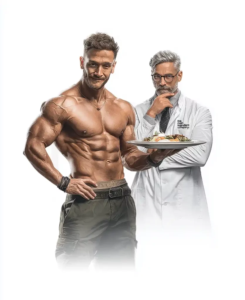 Professeur Debunk sceptique examinant Thomas DeLauer, musclé et confiant, présentant l'étude sur le Jeûne Intermittent et le Protein Pacing (IF-P) avec un plateau de repas équilibré. Il exprime un doute constructif vis à vis du financement de l'étude
