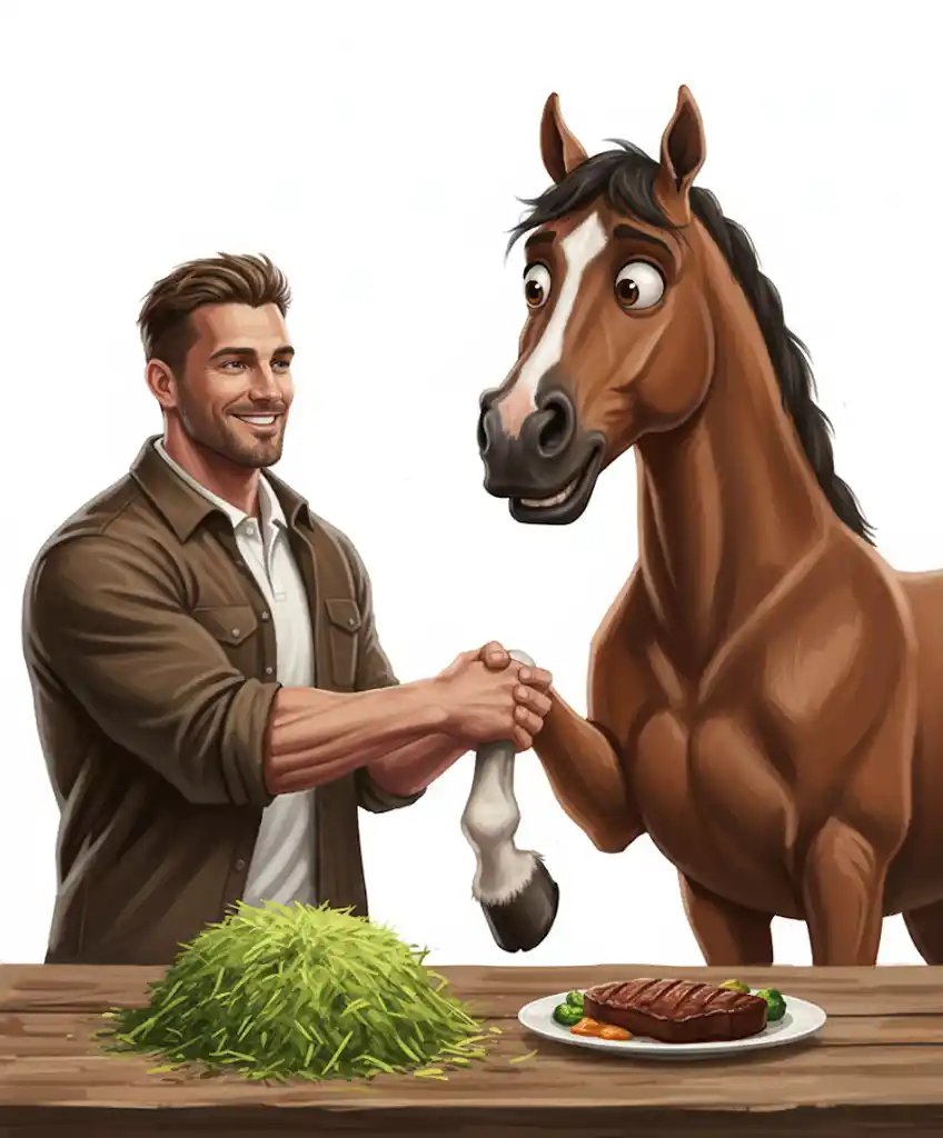 a Passerelle Inattendue - Thomas DeLauer en blouse de scientifique serre le sabot d'un cheval, symbolisant l'alliance entre la nutrition humaine et équine, avec les produits the main ingredient.