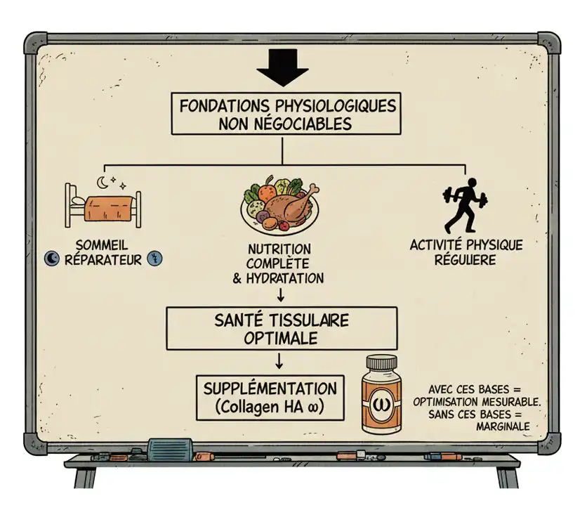 Illustration de blocs de construction symbolisant les fondations d'une bonne hygiène de vie, pilier essentiel avant toute supplémentation en collagène.
