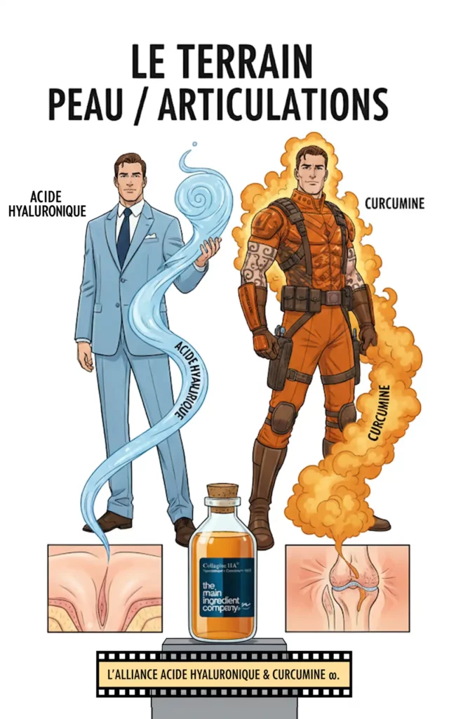 Illustration du concept "Le Terrain" pour Collagène HA ω, avec l'Acide Hyaluronique pour l'hydratation et la Curcumine ω pour le confort articulaire et la gestion de l'inflammation.