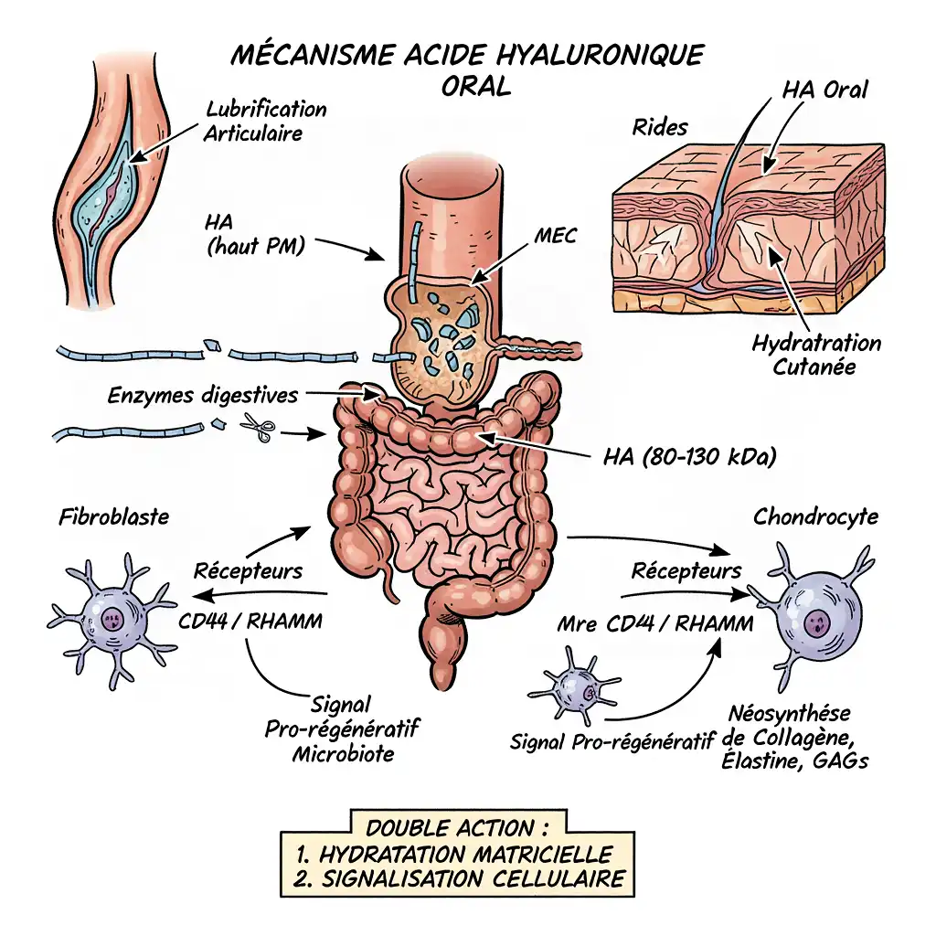 Représentation schématique de la molécule d'acide hyaluronique agissant sur l'hydratation matricielle et la signalisation cellulaire dans la formule Collagène HA ω.