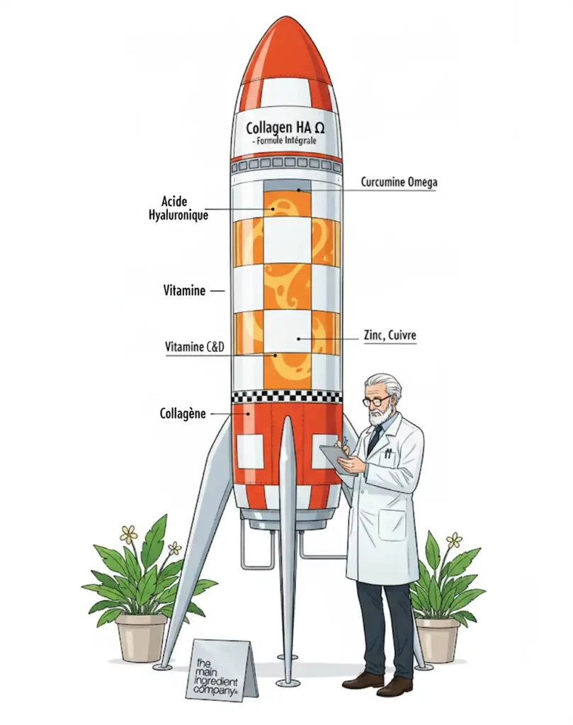 Illustration d'une fusée décollant, symbolisant l'analyse détaillée des actifs et la formulation avancée du Collagène HA omega.