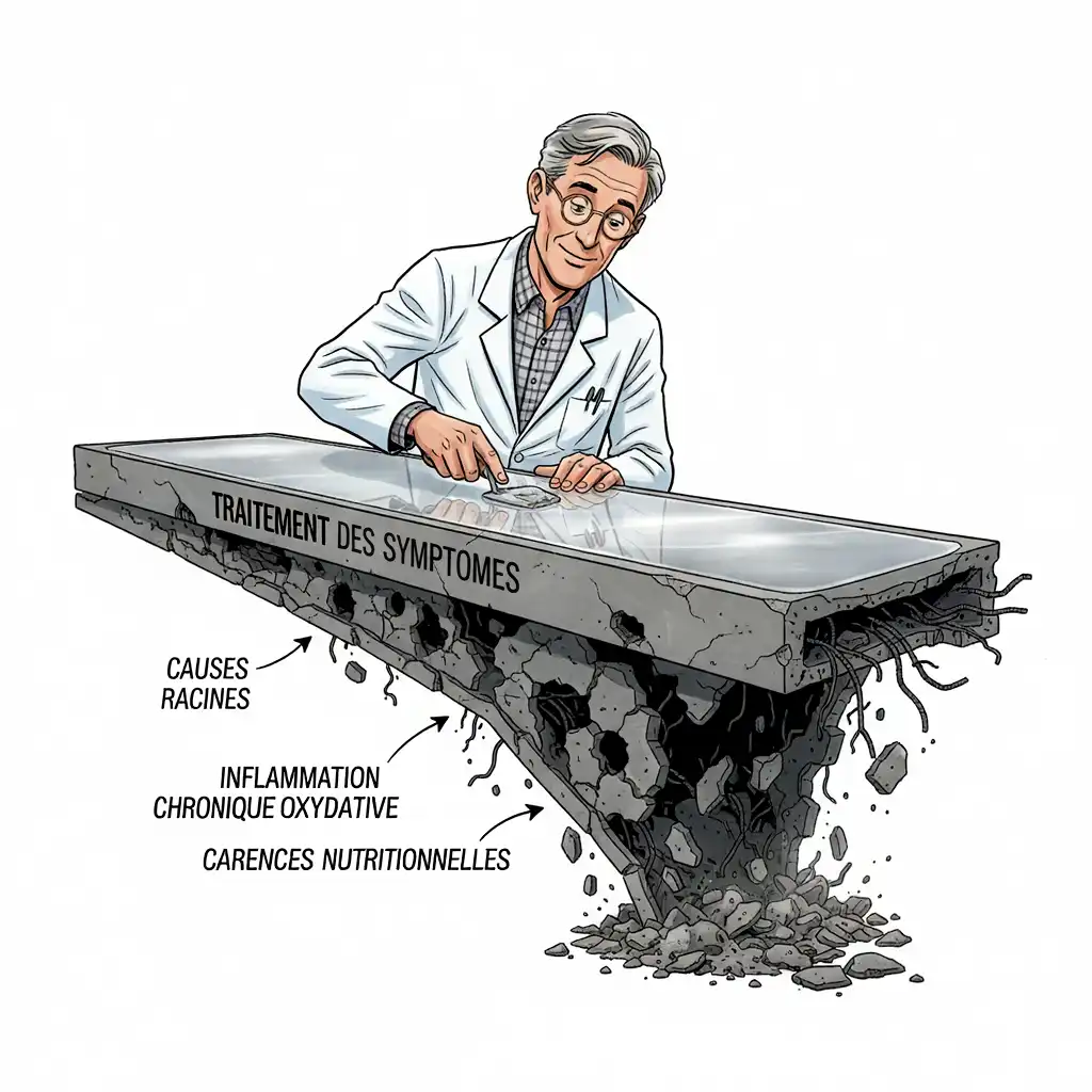 Illustration montrant comment la formule Collagène HA ω cible les causes racines de la dégradation tissulaire plutôt que de traiter uniquement les symptômes.