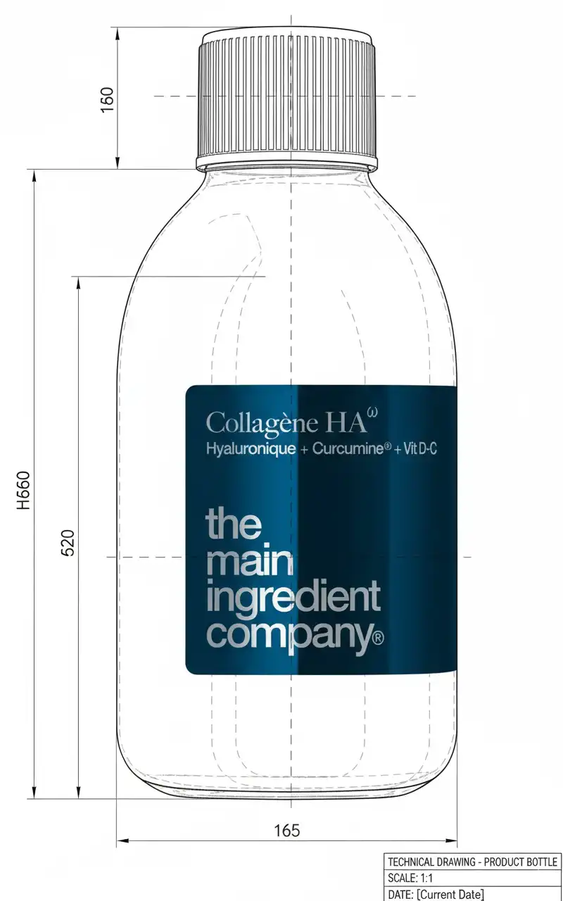 Flacon du complément Collagène HA ω de The Main Ingredient Company illustrant les fondements scientifiques d'une formule intégrale pour la peau et les articulations.