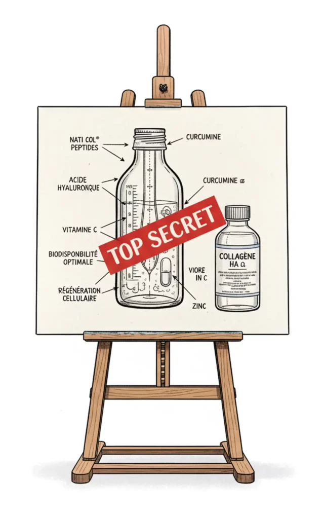 Schéma détaillé "Top Secret" de la formule Collagène HA ω sur un chevalet, illustrant l'assemblage précis de ses ingrédients actifs (NatiCol®, Acide Hyaluronique, Vitamine C, Curcumine ω, Zinc) pour une biodisponibilité et régénération cellulaire optimales.