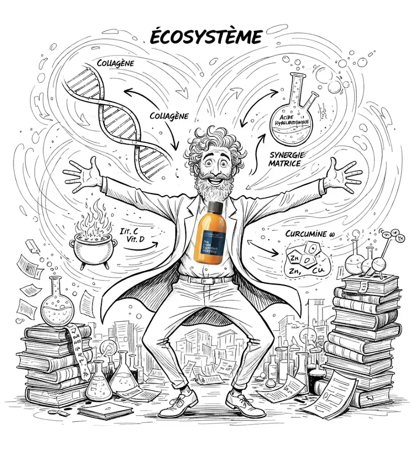 Illustration d'un écosystème synergique du Collagène HA ω, montrant le collagène, l'acide hyaluronique, la curcumine ω, la vitamine C, D, le zinc et le cuivre, entourant un scientifique et un flacon de produit.