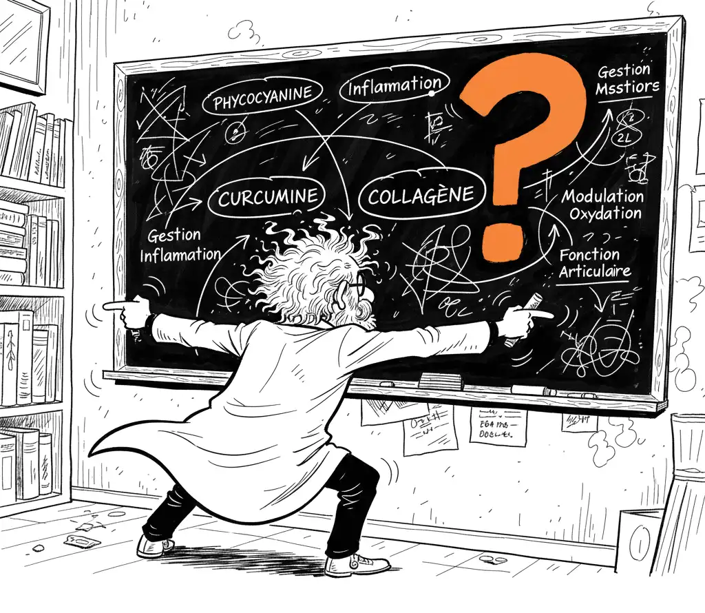 Illustration expliquant pourquoi choisir notre complément alimentaire de collagène : un professeur au tableau détaillant la recherche scientifique derrière la formule.