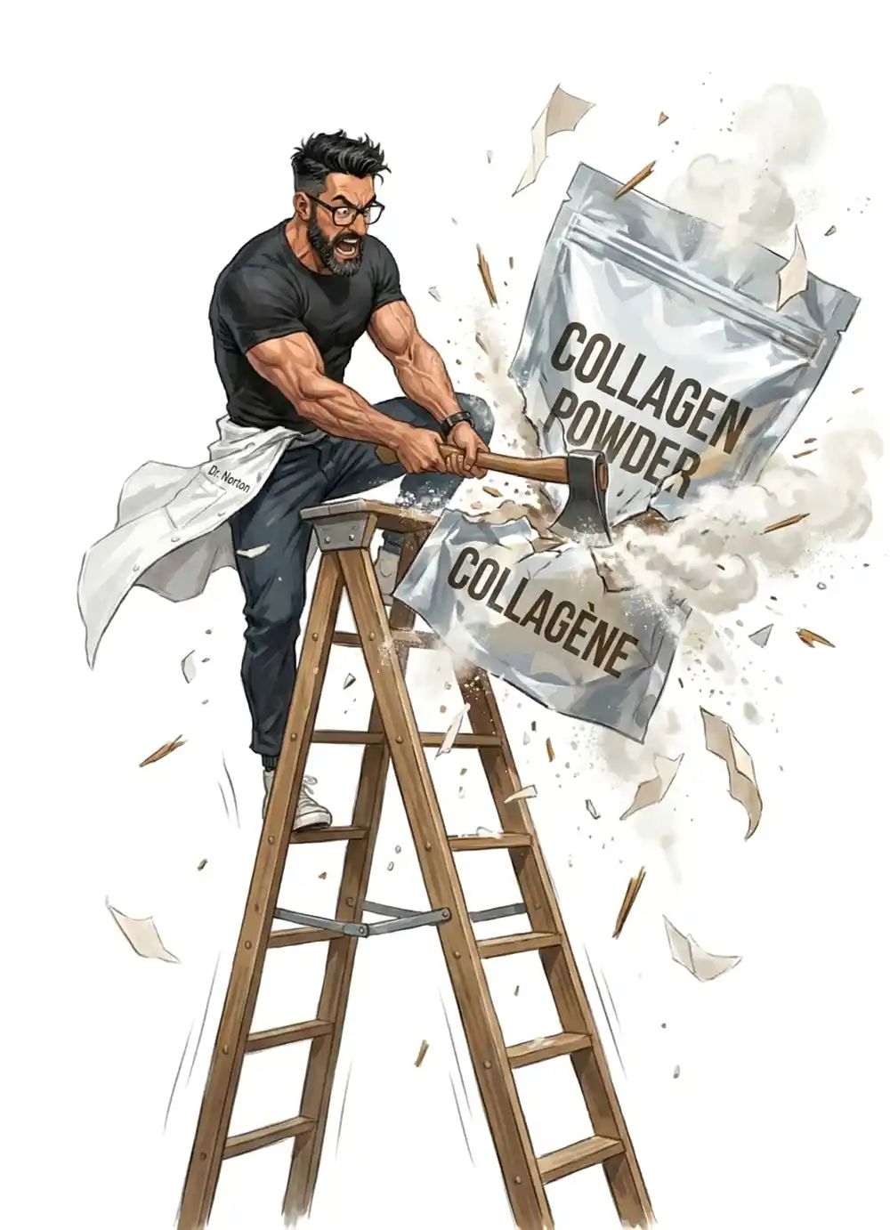 Illustration conceptuelle du procès scientifique du collagène : analyse critique de la controverse sur son efficacité, opposant la rigueur statistique à la réalité biologique. Enquête par The Main Ingredient Company