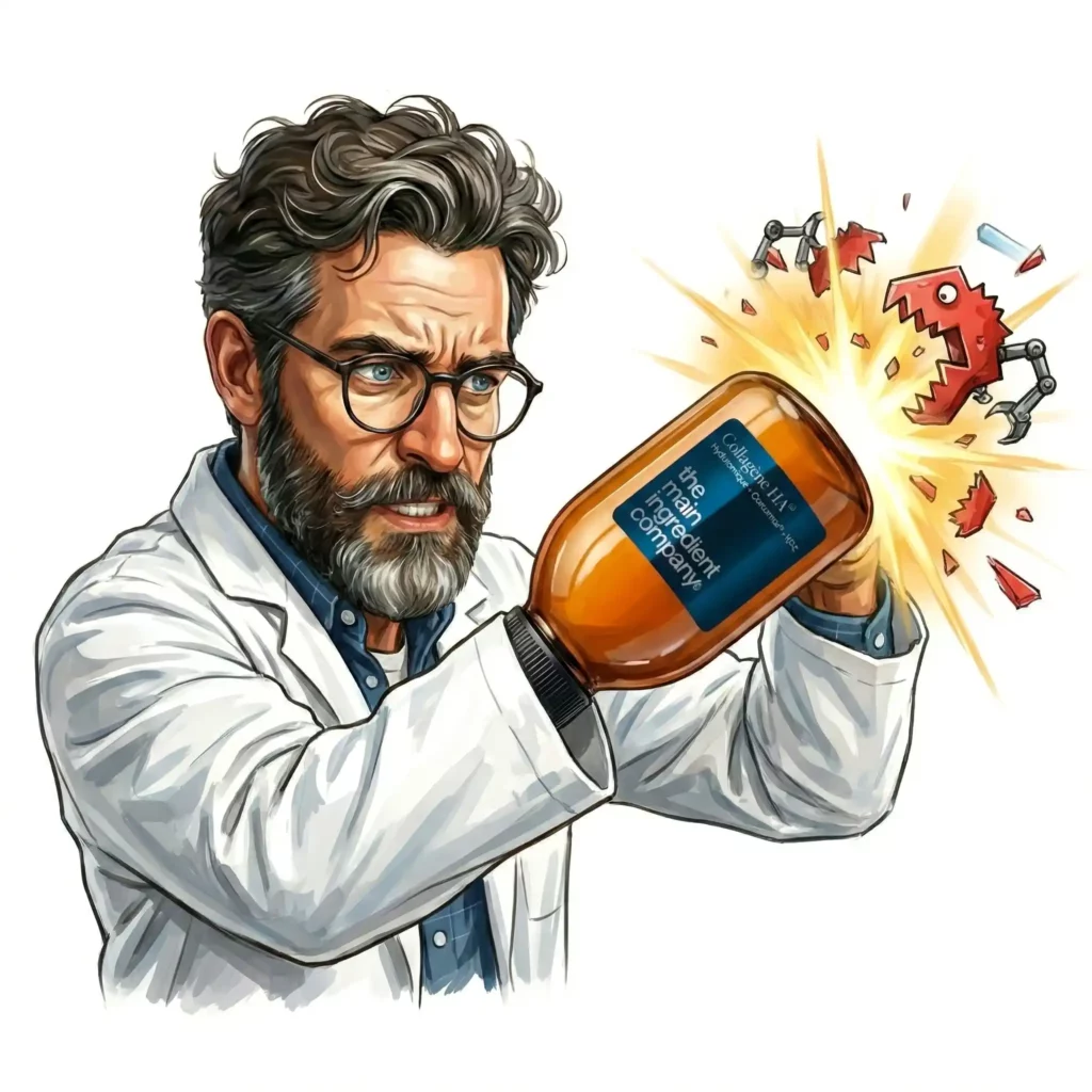 Illustration du Professeur Debunk montrant le flacon Collagène HA Oméga de the main ingredient company inhibant les métalloprotéinases MMP responsables de la dégradation du cartilage