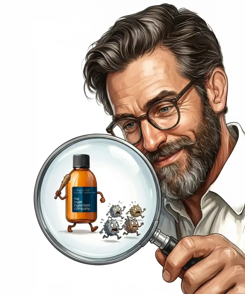 Professeur Debunk observant à la loupe les métalloprotéinases MMP fuyant devant le flacon de curcumine the main ingredient company