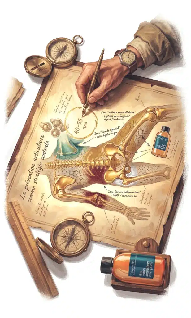 Carte allégorique du territoire articulaire divisée en quatre zones interdépendantes : liquide synovial et acide hyaluronique, matrice extracellulaire et signal peptidique, terrain inflammatoire MMP et curcumine ω, cofacteurs vitamine C zinc cuivre - reliées par un circuit doré convergeant vers l'intégrité articulaire