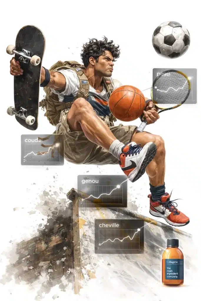 Athlète multi-sport en suspension dynamique tenant skateboard, basketball et raquette de tennis, entouré de graphiques analytiques indiquant les zones de contrainte conjonctive (genou, cheville, coude, peau) avec courbes de récupération ascendantes - bouteille Collagène the main ingredient company en bas à droite