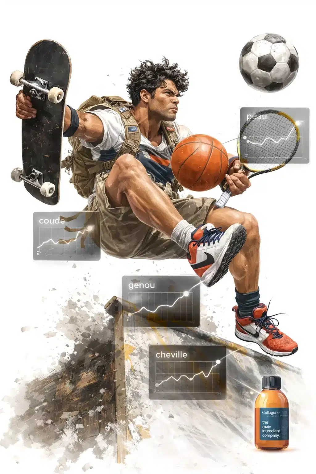 Athlète multi-sport en suspension dynamique tenant skateboard, basketball et raquette de tennis, entouré de graphiques analytiques indiquant les zones de contrainte conjonctive (genou, cheville, coude, peau) avec courbes de récupération ascendantes - bouteille Collagène the main ingredient company en bas à droite