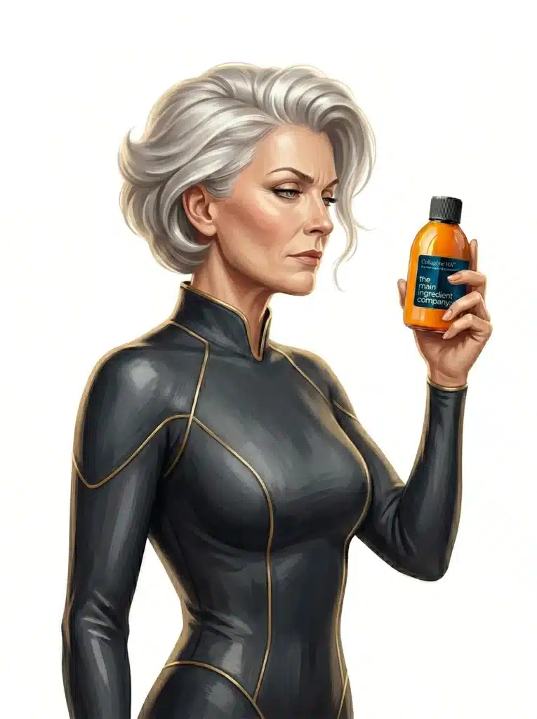 Femme élégante aux cheveux blancs, cinquantaine active, examinant avec un regard critique et curieux une bouteille de Collagène HA ω de the main ingredient company - bien vieillir et préserver son capital conjonctif