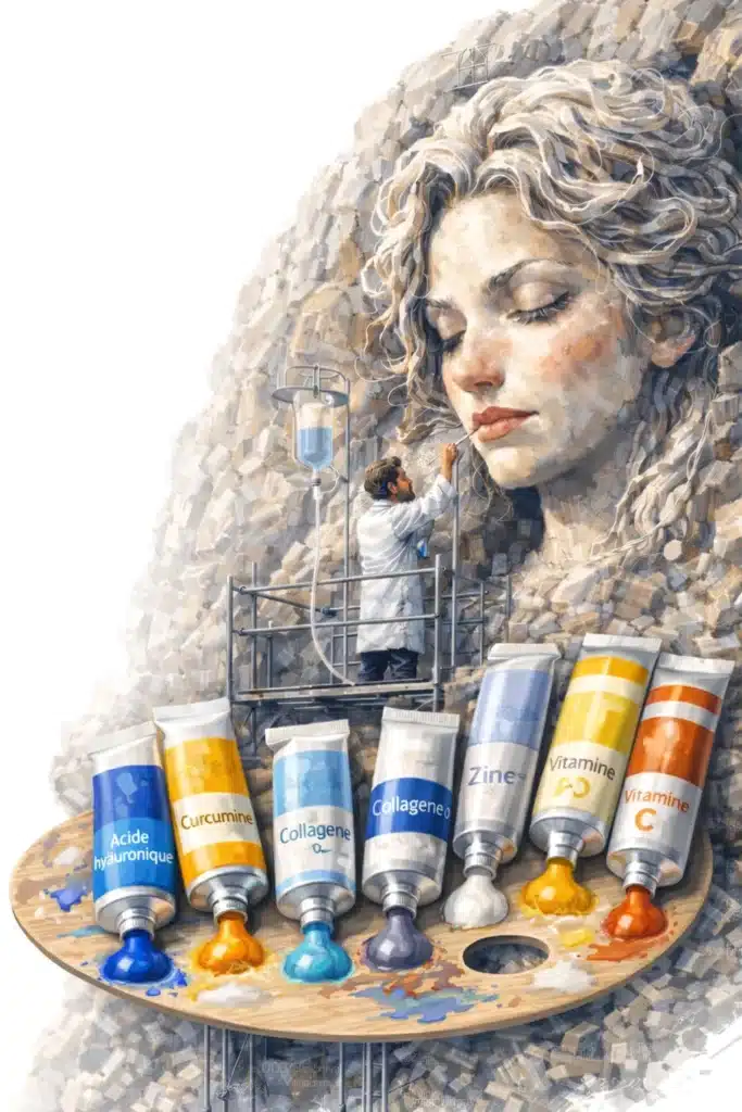 Illustration allégorique de la reconstruction de la matrice extracellulaire : un scientifique bâtit la structure profonde d'un visage en utilisant une palette d'actifs physiologiques (peptides de collagène, acide hyaluronique, curcumine, zinc et vitamines).